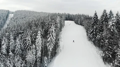 Ski road between fir trees in winter Stock Footage 122934478