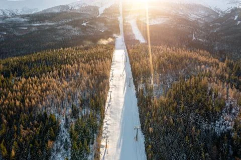 Ski run in the forest, top view Stock-Fotos