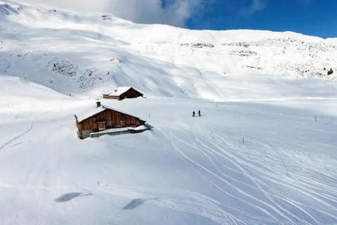 Ski slope in the background of Mount Eiger. Stock Photos