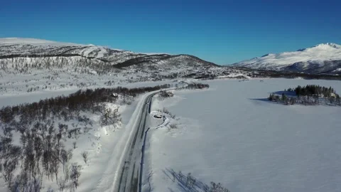 Ski slope panoramic view. Winter Norway, mountains. Evening aerial photograph Stock Footage 136362354