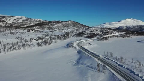 Ski slope panoramic view. Winter Norway, mountains. Evening aerial photograph Stock Footage 136362397