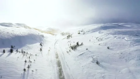 Ski slope panoramic view. Winter Norway, mountains. Evening aerial photograph Stock Footage 136362440