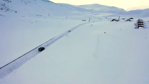 Ski slope panoramic view. Winter Norway, mountains. Evening aerial photograph Stock Footage 136362973