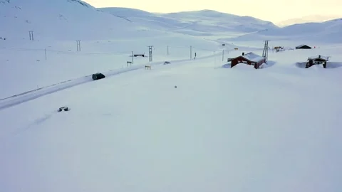 Ski slope panoramic view. Winter Norway, mountains. Evening aerial photograph Stock Footage 136363000