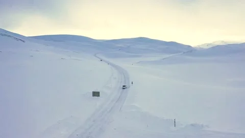 Ski slope panoramic view. Winter Norway, mountains. Evening aerial photograph Stock Footage 136363045