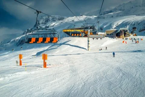 Ski slopes with comfortable fast cable cars in French Alpes Stock Photos