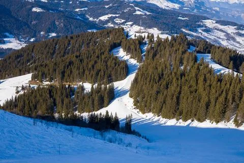 The ski slopes of Megeve in the middle of the mountains of the Mont Blanc mas Stock Photos