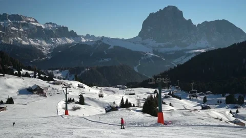 Ski slopes on Seceda in Val Gardena, Sassolungo mountain in background Stock Footage 226083276