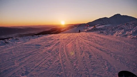 Ski Snowboard Mountain Sunset Slowmotion Stock Footage 71098634