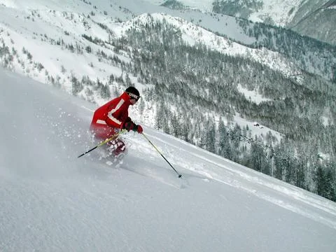  ski tracks in an alpine deep snow landscape in winter ski tracks in alpin... Stockfoto's