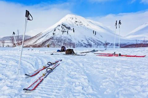 Ski in the winter mountains in the background Stock Photos