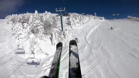 Ski winter vacation concept video. Ski lift and gondola. First person view POV Stock Footage 161344070