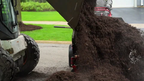 Skid steer loader transporting mulch during residential landscaping project. Stock Footage 335959272