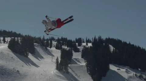 Skier In Action, Sunny Terrain Park Day Stock Footage 46621149