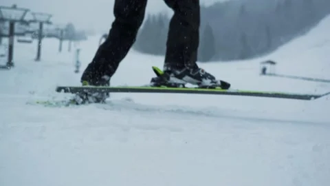 Skier Boots Ski Bindings Push Away Slow Motion Stock Footage 221398000