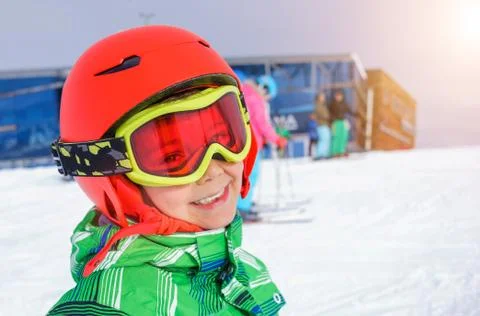 Skier boy in a winter ski resort. 写真素材