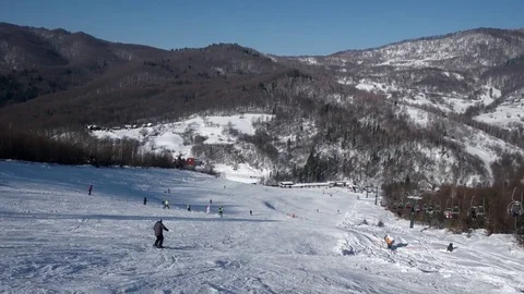 Skier Carving Down the Snowy Slopes on the Mountain With Clear Skies Snowy Trees 動画素材 71643513