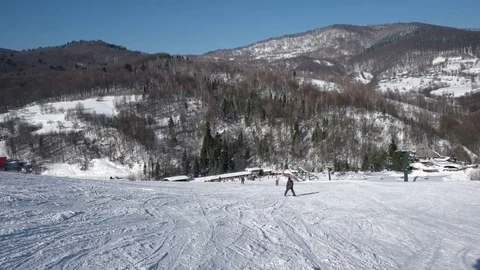 Skier Carving Down the Snowy Slopes on the Mountain With Clear Skies Snowy Trees Stockbeeldmateriaal 71652010