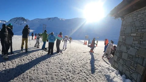Skier exit from the cable car in the Alps Stock Footage 184373121