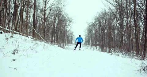 A skier in the forest. A man is doing cross-country skiing. Stock Footage 294683140