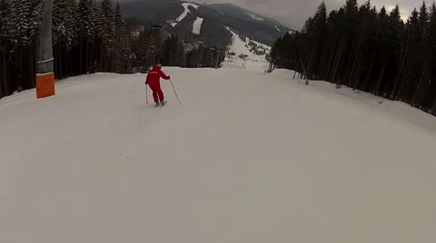 Skier going down the ski run in Bukovel, Ukraine Stock Footage 48596938