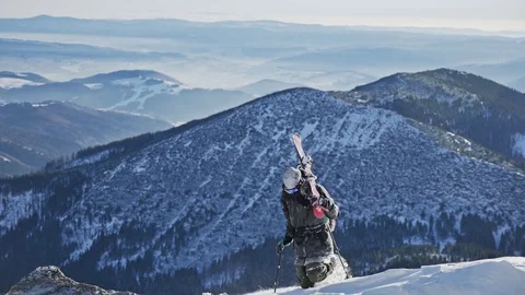 Skier Going Uphill Winter Slowmotion Stock-Footage 71098618