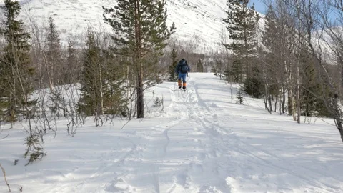 Skier with large dark backpack moves along narrow path Stock Footage 109207335