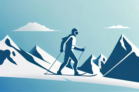 Skier in the mountains against blue sky. Mountain resort and snow in the back Stock Illustration