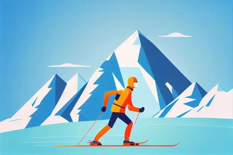 Skier in the mountains against blue sky. Mountain resort and snow in the back Stock Illustration