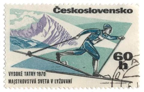Skier on post stamp Stock Photos