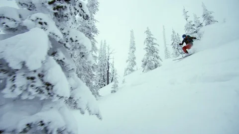 Skier skiing down on snowy hill with trees in slow motion, Red Mountain, Canada Stock Footage 129096558