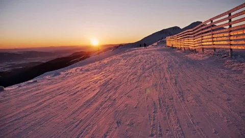 Skier Slope Fun Winter Sunset Paradise Slowmotion Video stock 71098710