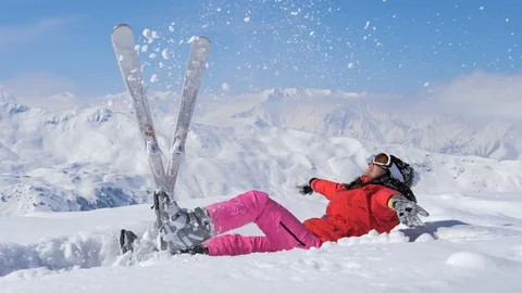 Skier Throw Up Snow In The Air, Raises Her Leg And Falls In The Snow Stock-Footage 88461038