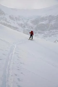 A skier uptracking on the Wapta Icefields, Banff National Park, Alberta, Canada Stock Photos