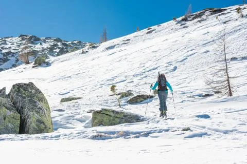 Skier walking on a trail. Stock Photos
