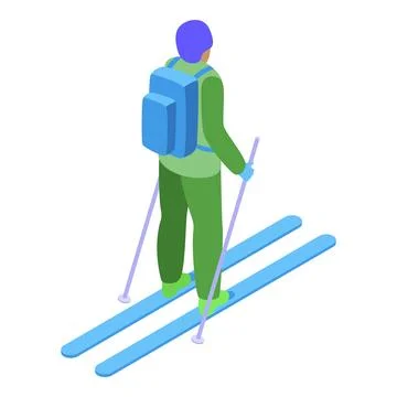 Skier walking uphill with backpack and poles, isometric view Stock Illustration