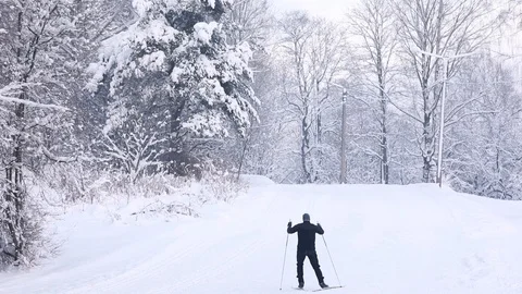 Skiers climbs on the ski slopes in the winter forest. Ice ridge course skiing. Stock-Footage 101835441