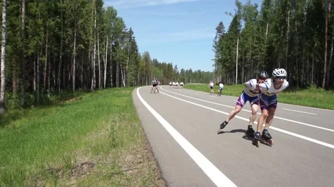 Skiers competition in summer Stock Footage 90262976