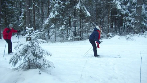 Skiers glide quickly on the track in the forest Stock Footage 129096797