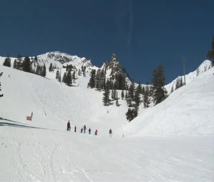 Skiers glide in slow-motion down gentle hill Video stock 21673992
