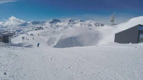 Skiers Preparing Skiing Down The Ski Slopes Sunny Mountain Ski Resort Austria Stock Footage 104114377