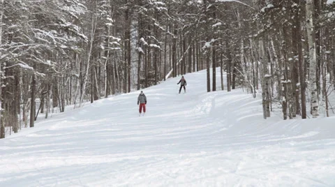 Skiers ski down shaded run Stock Footage 33190011