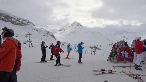 Skiers Skiing Down The Slope Mountain Ski Resort Austria Europe Stock Footage 104230806
