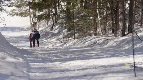 Skiers Skiing Downhill during Biathlon Race Stock Footage 153072453