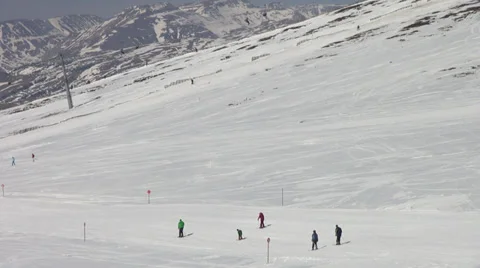 Skiers slide down, slope, mountains resort, winter sport, cable car Stock Footage 37184217