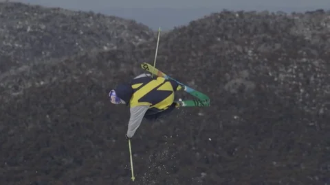 Skiier in black/yellow. Stock Footage 81882387