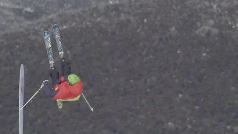 Skiier performs crazy jump. Stock Footage 81882411