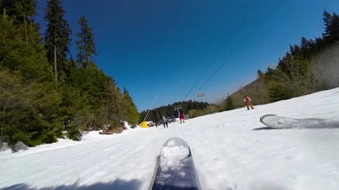 Skiing. Action camera of skier going downhill on alpine ski on snow slopes Stock Footage 229485658