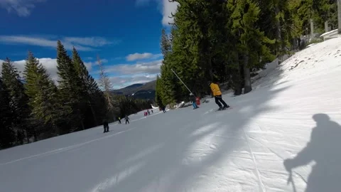 Skiing. Action camera of skier going downhill on alpine ski on snow slopes Stock Footage 229485726