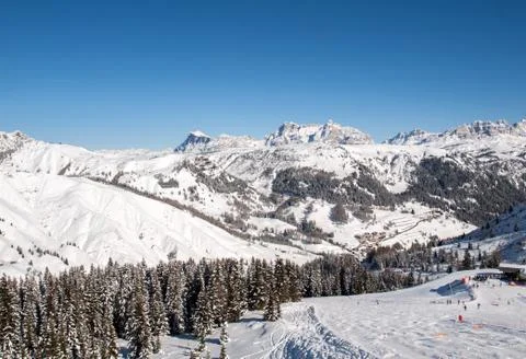 Skiing area in the Dolomites Alps. Overlooking the Sella group  in Val Garden Stock Photos